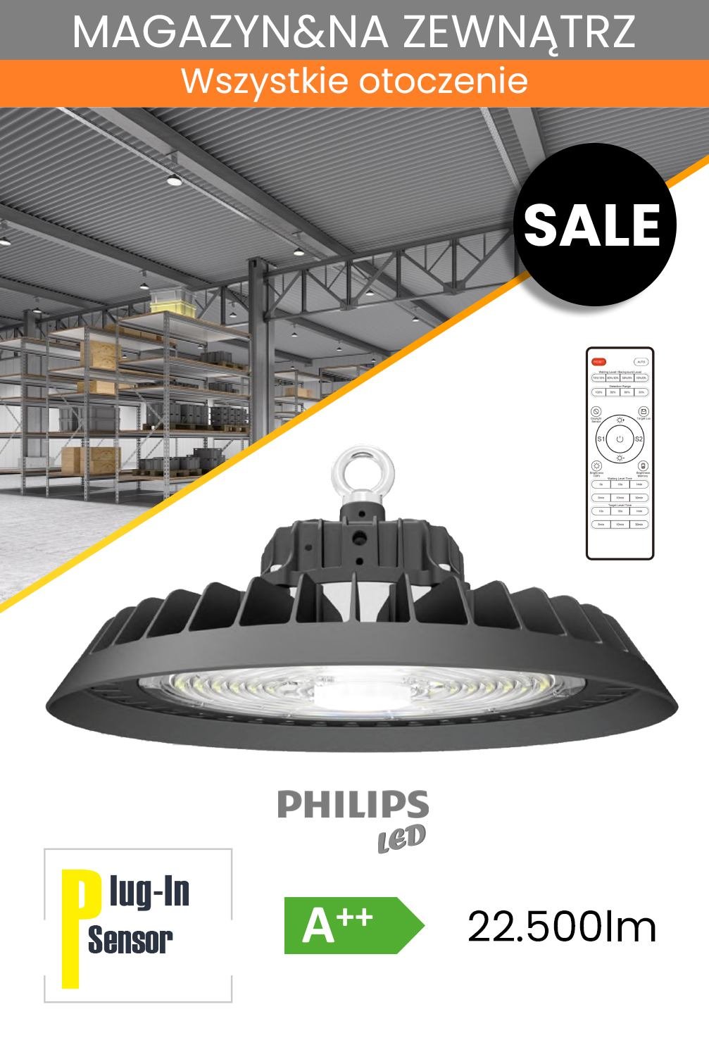 Ściemniana lampa LED typu highbay z czujnikiem i pilotem Philips 150W-4000K